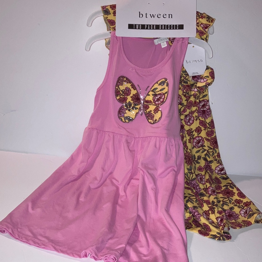 btween Pink Butterfly and Floral Dress Set with Matching Scrunchie Size 6
